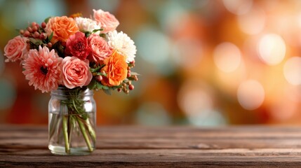 A stunning arrangement of vibrant flowers in a clear glass jar is captured against a beautifully blurred bokeh background filled with warm colors, adding elegance to any space.