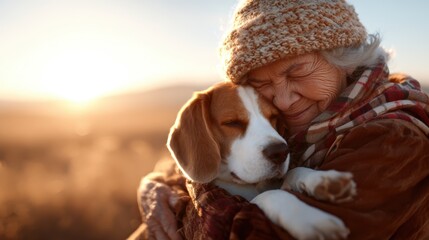 An elderly woman embraces her beagle dog as they bask in the warm glow of a golden sunset, capturing a special bond that transcends age and species in a peaceful outdoor setting.