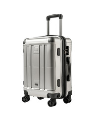 Silver hard-shell suitcase with telescopic handle and four wheels on white background 