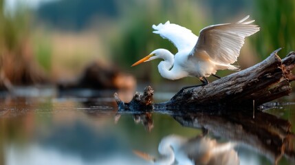 A stunning Great Egret gracefully stands on a log at the water's edge, reflecting the beauty of nature in a serene environment surrounded by lush greenery.