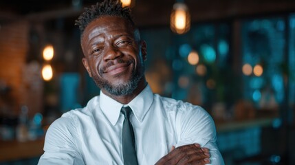 A confident man with a warm smile poses in a chic, modern setting, exuding positive energy and approachability in a well-lit atmosphere.