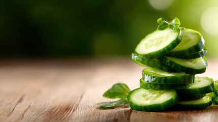 An artistic arrangement of freshly cut cucumber slices stacked elegantly on a wooden surface, showcasing the vibrant colors and textures of this healthy vegetable.