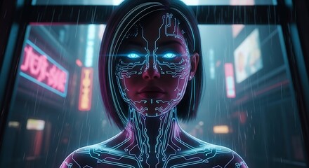 Naklejka premium Digital human portrait with circuitry overlay in futuristic cityscape
