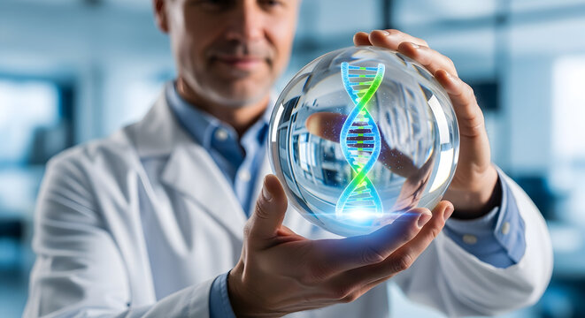 Scientist holds glowing DNA strand inside glass orb, envisioning innovative medical breakthroughs and genetic discoveries for a healthier future today