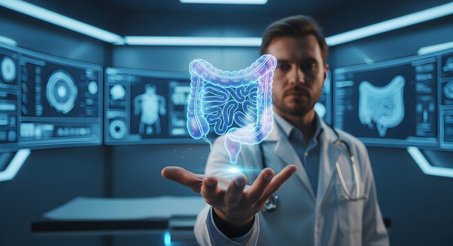 Innovative doctor presenting hologram of human colon for medical research and healthcare advancements in a modern laboratory environment