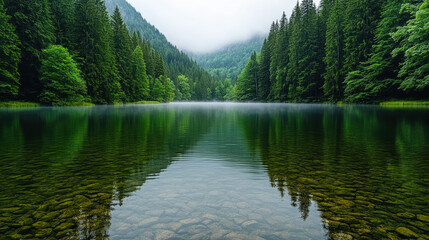 Tranquil turquoise lake surrounded by dense pine forest reflects serene nature