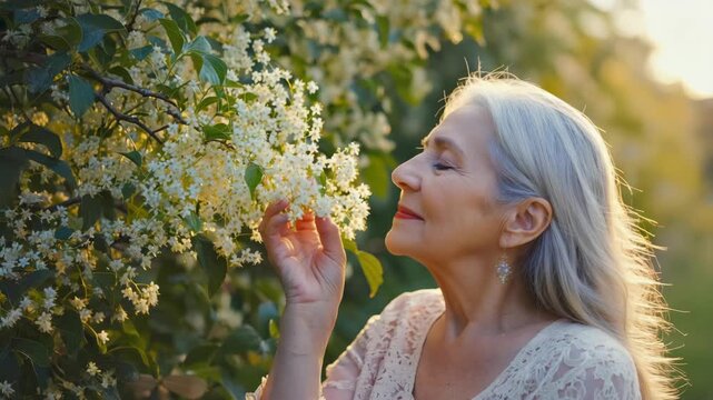 Elderly woman enjoying the fragrance of flowers during springtime. She is standing in a garden, appreciating the beauty and scents of nature. - Powered by Adobe