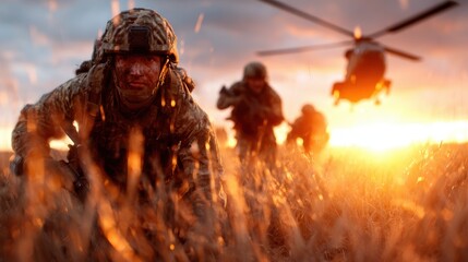 This intense image captures soldiers navigating through tall grass while a helicopter hovers above them, illustrating courage and action against a backdrop of a fiery sunset.
