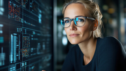 Innovative scientist analyzing data on digital screen, showcasing focus and determination