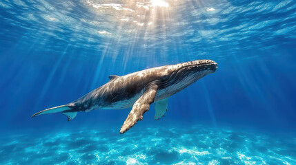 Obraz premium Majestic whale swimming gracefully in clear blue ocean waters, illuminated by sunlight