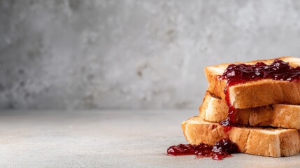 A visually appealing stack of toasted bread topped with a rich layer of vibrant berry jam, creating a mouthwatering and inviting breakfast scene perfect for food lovers.
