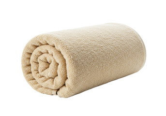 Isolated beige terrycloth bath towel roll, soft and absorbent, fresh from the wash