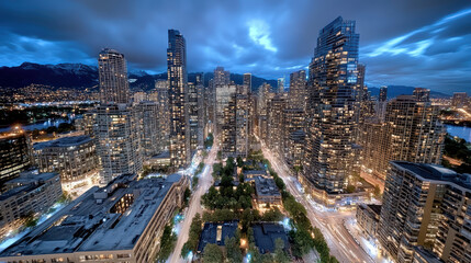 Obraz premium City skyline at dusk with illuminated buildings and vibrant atmosphere