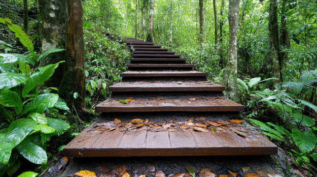 Wooden steps lead through lush rainforest, surrounded by vibrant greenery and fallen leaves - Powered by Adobe