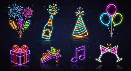 Vibrant neon party icons featuring fireworks, champagne, party hat, balloons, gift, music notes, and cocktail glasses against a dark background for events