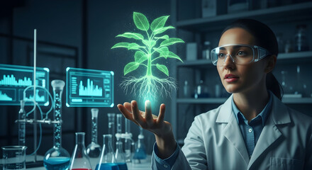 Innovative scientist studying plant growth in futuristic lab, exploring new sustainable solutions for agriculture and environmental science breakthroughs