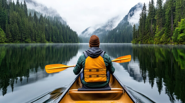 Canoeing traveler on misty lake surrounded by pine trees and mountains evokes tranquility - Powered by Adobe
