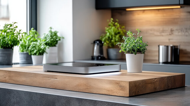 Smart kitchen countertop with sensor enabled cooking, featuring herbs in pots