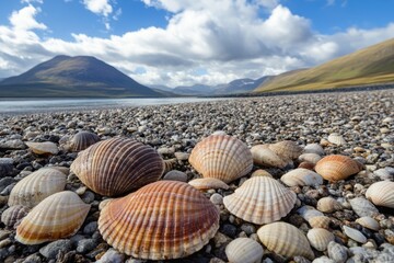 Collecting colorful seashells along a serene shoreline by the mountains on a bright day