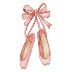 Pink ballet pointe shoes tied with a delicate ribbon. Hand-drawn in a soft watercolor style. Perfect for dance-themed designs, greeting cards, and children's projects.