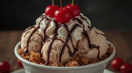 Delicious bowl of ice cream topped with whipped cream, chocolate syrup, and bright red cherries.