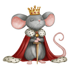 Cute gray mouse king in a royal red cloak and golden crown, painted in soft watercolor style. Perfect for children’s books, nursery prints, fairy tale cards, and whimsical designs.