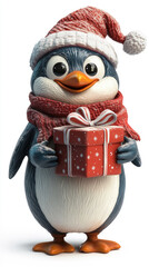 Christmas penguin holiday character, 3d illustration, playful pose, isolated on transparent white background, space for text,