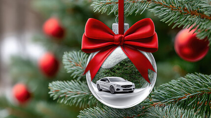 Transparent christmas ball ornament, adorned with a red bow, features a sleek miniature dark grey sport car and a shiny key, anticipating the thrill of a big-ticket holiday gift