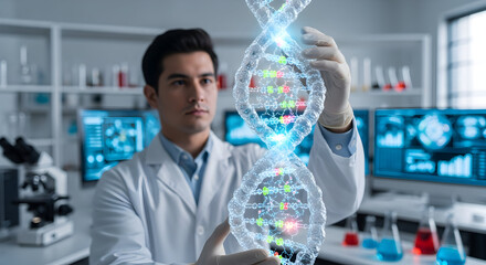 Professional scientist analyzing a vibrant DNA structure in a modern lab for groundbreaking research and medical advancements offering hope and innovation