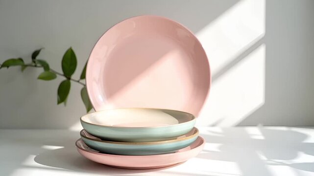 柔らかなサイドライトで質感と反射を際立たせたパステル皿のミニマルシーン