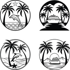 Set of four circular silhouette illustrations depicting tropical beach scenes with palm trees ocean waves a leaping dolphin a starfish and a cruise ship © RaselCreativeWorks