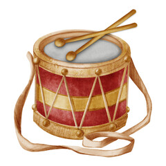 A watercolor toy drum with sticks in a cute vintage style. Perfect for Christmas cards, posters, packaging, and children's book design.