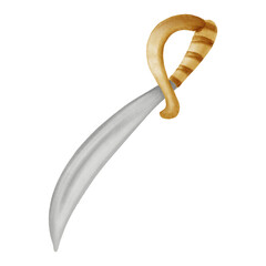 A pirate sword with a curved silver blade and wooden handle. Hand-drawn in a soft watercolor style reminiscent of children's books. Perfect for adventure designs and children's projects.