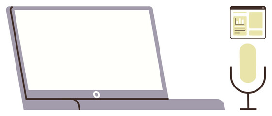 Open laptop, microphone, and document window on screen represent digital productivity and communication. Ideal for remote work, podcasting, virtual meetings, content creation, webinars, or teaching