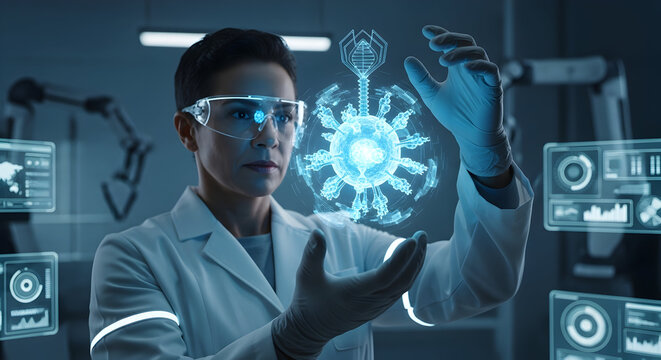 Innovative medical researcher analyzes futuristic virus model wearing augmented reality glasses in a cutting-edge laboratory for groundbreaking research