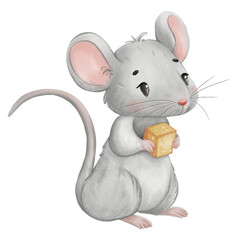 Cute gray mouse holding a piece of cheese, hand-painted in soft watercolor and children s book style. Perfect for nursery prints, storybooks, invitations, or educational materials.