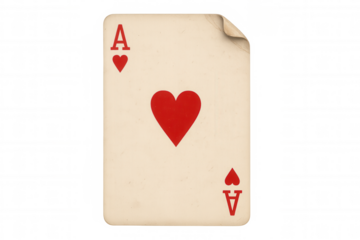 Ace of hearts playing card representing luck, love, and gambling, old design with curled corner, transparent background