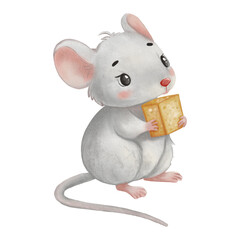 Cute gray mouse holding a piece of cheese, hand-painted in soft watercolor and children s book style. Perfect for nursery prints, storybooks, invitations, or educational materials.