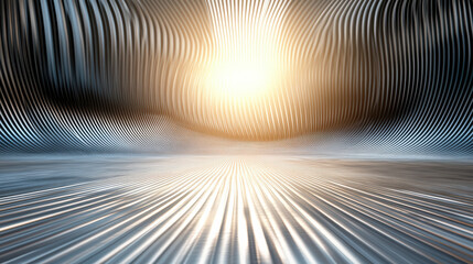 Glowing lines create digital landscape with radiant light source, evoking sense of depth