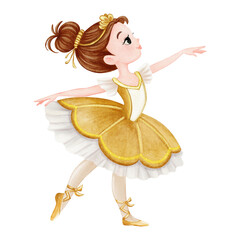 Cute ballerina girl in a golden tutu dancing gracefully, watercolor children s book style. Perfect for fairy tales, nursery decor, dance school posters, and story illustrations.