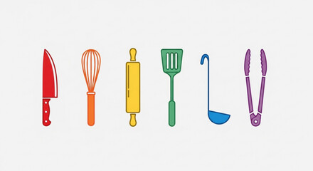Colorful kitchen utensils knife, whisk, rolling pin, spatula, ladle, and tongs for cooking and baking needs