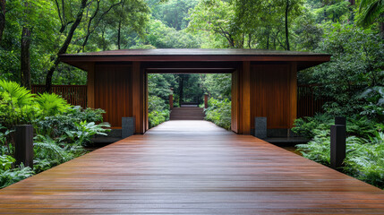 Obraz premium Serene wooden temple gate surrounded by lush greenery and tranquil forest atmosphere