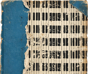 Piece of blue book cover with piano keys pattern, torn old vintage paper, isolated collage element