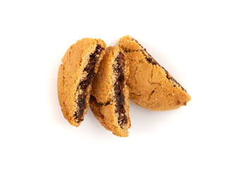 Chocolate cookies with chocolate filling isolated, brown round biscuits, broken sweet cocoa pastry