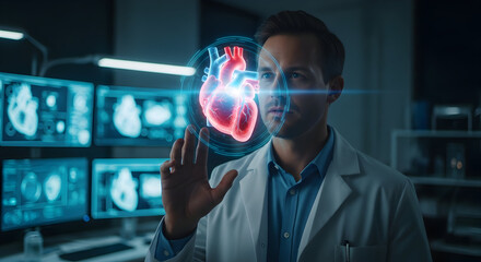 Cutting-edge medical professional using innovative technology to examine holographic heart in modern research lab for advanced healthcare solutions