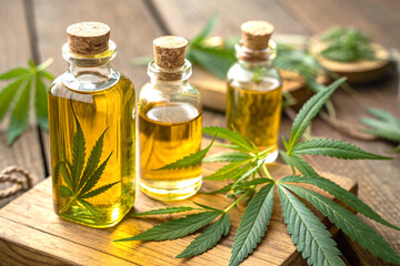 Glass bottles of golden oil with cannabis leaves on wooden surface close up