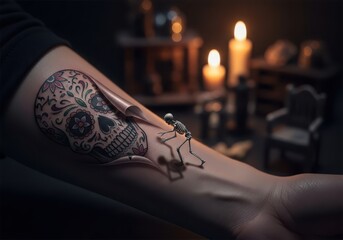 A closeup shot of a persons arm displaying a detailed sugar skull tattoo, with a small skeleton figurine crawling on it, set against a dimly lit, atmospheric background