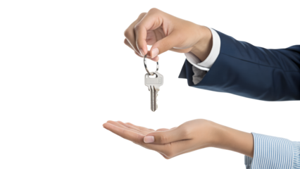 Real estate agent's hand giving house keys to a new homeowner. Isolated on transparent background, png	
