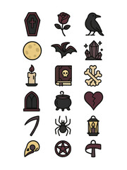 Vector gothic Halloween icon set: tombstone, crow, scythe, coffin, bat, lantern, gravestone, heart, spider, and haunted tree.
