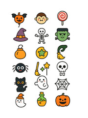 Vector flat icon set of Halloween characters: pumpkin, Frankenstein, vampire, ghost, skull, witch hat, spider web, cat, and candy.
